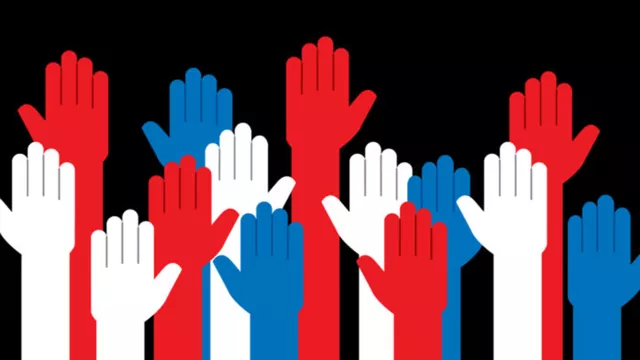 graphic of red, white, and blue, raised hands